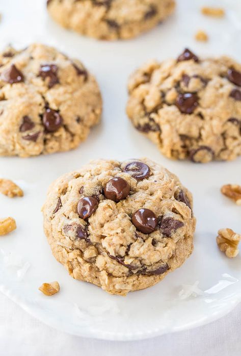 Loaded Oatmeal, Walnut Chocolate Chip Cookies, Chocolate Chip Walnut Cookies, Coconut Chocolate Chip Cookies, Averie Cooks, White Choc, Cookies Soft, Oatmeal Cookies Chewy, Soft Chocolate Chip Cookies