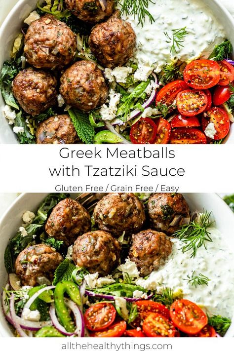 Greek Meatball Bowl Recipe, Clean And Healthy Recipes, Meatball Lunch Prep, Greek Low Carb Recipes, Greek Entrees Dinners, What To Eat With Tzatziki Sauce, Easy Food Bowl Recipes, Easy Greek Meatballs, Medeteranian Meatballs