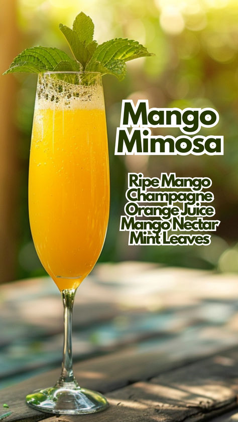 Mango Mimosa Mimosa Juice Flavors, Spicy Mimosa, Guava Mimosa, Mango Mimosa Recipe, Breakfast Drink Recipes, Mango Cocktails, Mango Mimosa, Cranberry Mimosas, Drinks For Christmas