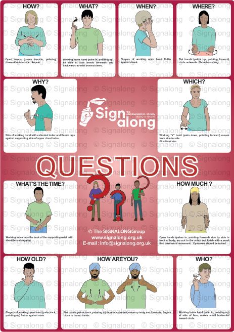 Signalong Signs for how?, what?, when?, where?, why?, which?, what's the time?, how much?, how old?, how are you?, who? Signalong Signs, Xray Pictures, Makaton Signs, Learning Asl, Sign Language Book, Sign Language Chart, Letter Sound Activities, Sign Language Lessons, Sign Language Phrases