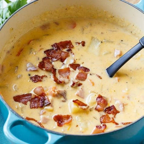 Cheesy Ham and Potato Chowder Ham And Potato Chowder, Spicy Southern Kitchen, Ham And Potato Soup, Cheesy Ham, Ham Potato, Potato Chowder, Leftover Ham Recipes, Southern Kitchen, Southern Kitchens