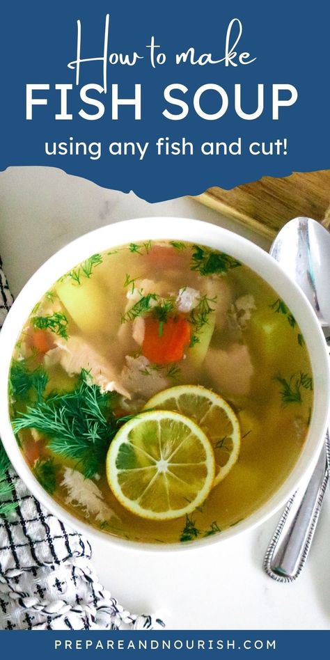 This Easy Fish Head Soup is a simple Ukha recipe that is nourishing, satisfying, and delicious. Ukha is a Russian or Ukranian soup made with fish, potatoes, carrots, and fresh herbs. It's light and refreshing yet the broth and fish will keep you and your whole family full and satisfied. This fish soup is a comforting dish with a mild but pleasant flavor and is ready to be served in under 30 minutes. Fish Broth Soup, Soups With Fish, Fish Head Soup Recipes, Tilapia Soup Recipes, Fish Soups And Stews, Healthy Fish Soup, Fish Soup Recipe Easy, Chinese Fish Soup Recipe, Easy Fish Soup