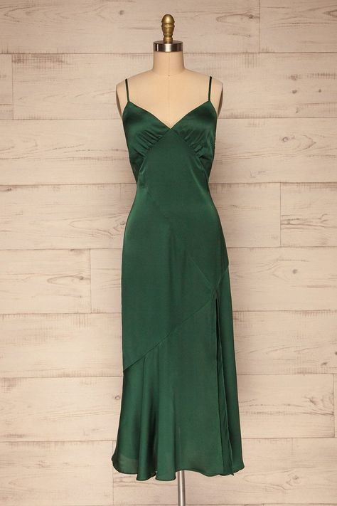 Midi V Neck Dress, Forest Green Satin Dress, Green Dress Satin, Simple Green Dress, Satin Dress Green, Satin Green Dress, Midi Green Dress, Maxi Satin Dress, Midi Satin Dress