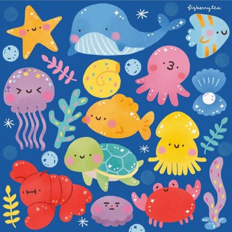 Cute Stickers For Kids, Sea Animal Illustration, Fish Kawaii, Sea Doodles, Ocean Jellyfish, Doodles Illustration, Fish Nature, Instagram Drawing, Posca Marker