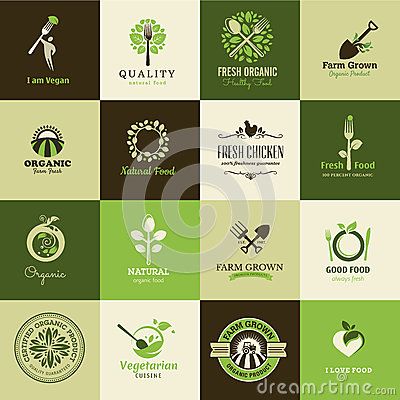 Set of icons for organic food and restaurants Organic Food Labels, Organic Food Logo, Vegan Logo, Food Logos, Healthy Food Logo, Benefits Of Organic Food, Food Vector, Farm Logo, Organic Logo