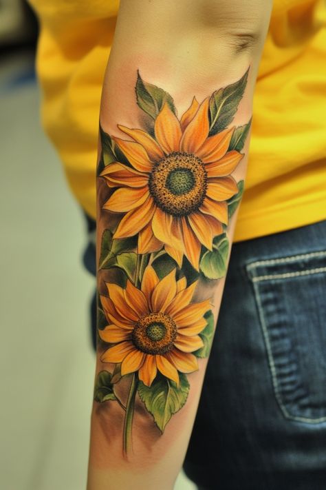 Two vibrant sunflowers tattooed on a person's forearm. Unique Sunflower Tattoo, Flower Tattoos Simple, Art Nouveau Tattoo Flower, Simple Sunflower Tattoo, Sunflower Mandala Tattoo, Sunflower Tattoo Ideas, Tattoo Sunflower, Simple Sunflower, Red Tattoo Ideas