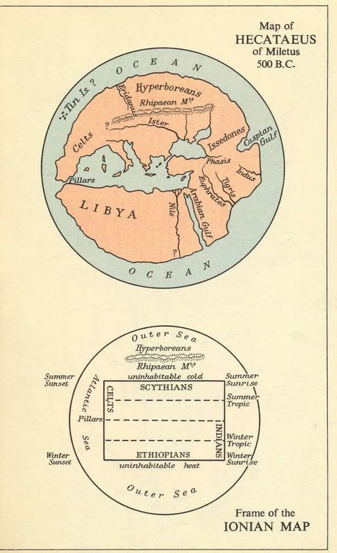 Map of the world according to Hecataeus of Miletus (c. 550 BC-c. 476 BC) NB: The Urals mountains (Rhipaean, Рифей) and the Hyperboreans! Ancient Cosmology, Early World Maps, Ancient World Maps, Fact Or Fiction, Bible Mapping, Diagram Chart, World Data, World Maps, Map Of The World