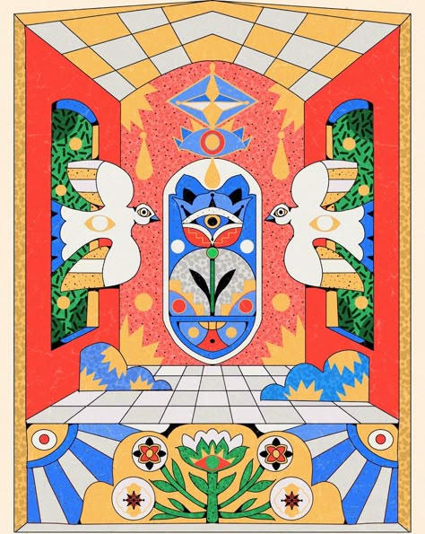 Hello everyone/Salut a tous/Hola a todos Check out my new drawing. This artwork showcases a vibrant, symmetrical design that blends geometric patterns with symbolic imagery. Central to the piece are two stylized white doves, flanking an abstract eye motif, all set against a colorful, architectural backdrop. The composition feels spiritual and mystical, with bright, bold shapes and intricate details, creating a harmonious balance between nature and geometry. #AbstractArt #VibrantDesign #Geome... Symmetrical Poster, Symmetrical Balance Design, Symmetrical Balance Drawing, Symmetrical Balance Art, Symmetrical Art Design, Symmetrical Illustration, Balance Artwork, Symmetrical Composition, Symmetrical Art