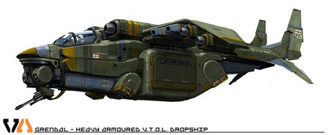 GRENDAL - V.T.O.L Dropship by Shaun Mooney Sci Fi Spaceships, Starship Concept, Flying Vehicles, Concept Art World, Sci Fi Ships, Spaceship Concept, Spaceship Design, Concept Ships, Futuristic Cars