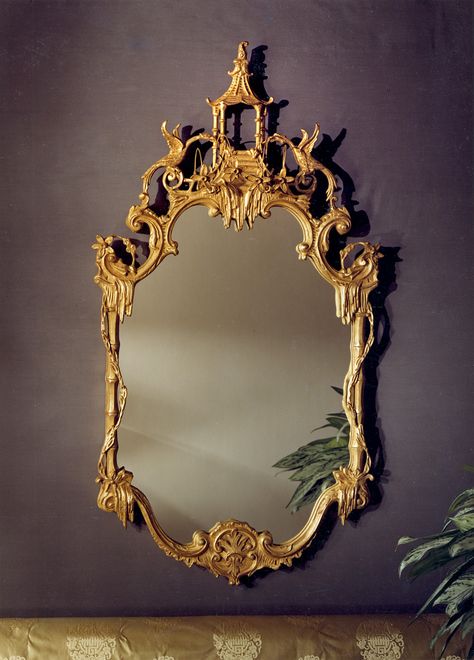 A most fanciful sculpted chinoiserie mirror frame with a pair of english Hoho birds or phoenix's. Note the rarely seen wire work of projecting flowers and festoons. Finished in antique gold leaf. Chinoiserie Mirror, Fancy Mirror, Fancy Mirrors, Antique Chinese Furniture, Gold Tattoo, Vintage Photo Frames, The Enchanted Home, Shabby Chic Frames, Enchanted Home