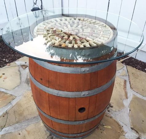 Wine Barrel Table Top Ideas, Wine Barrel Bistro Table, Whiskey Barrel Bistro Table, Wine Barrel Glass Top Table, Wine Barrel Table Ideas, Wine Barrel Crafts Diy Ideas, Wine Barrel Table Outdoor, Barrel Top Ideas, Wine Cork Table Top