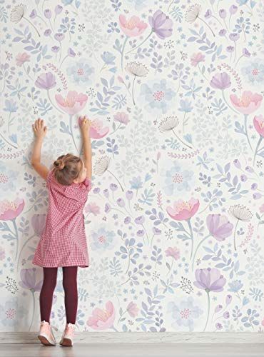 Toddler Girl Bedroom Wallpaper, Toddler Girl Wallpaper, Girls Wallpaper Bedroom, Nursery Butterfly, Whimsy Flowers, Toddler Nursery, Watercolor Mural, Girls Room Wallpaper, Pink And Purple Wallpaper