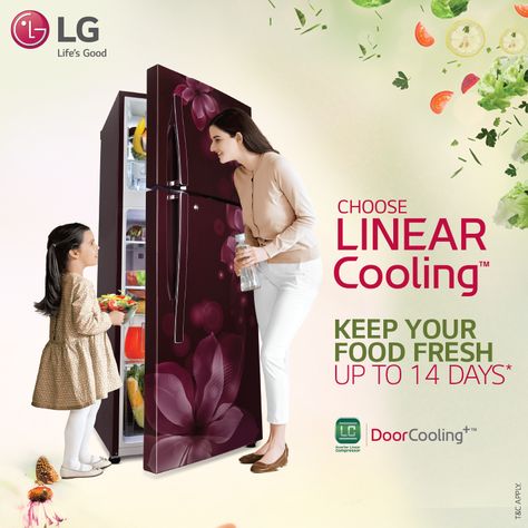 Maximum Freshness, Enhanced Efficiency! With Linear cooling technology in #LG Frost Free #Refrigerator, experience even air-flow throughout the refrigerator while keeping the stored goodies, fresh for a longer period. Fridge Poster Design, Refrigerator Ads Creative, Fridge Lg, Smart Fridge, Cosmetic Creative, Refrigerator Lg, Lg Electronics, Creative Poster, Creative Poster Design