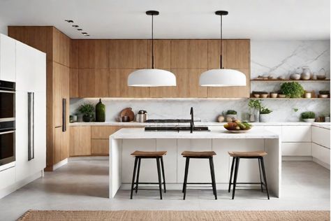 Modern kitchen with wooden cabinets, white countertops, and three wooden stools at a central island. Zen Interior Design Kitchen, Kitchen Nordic Style, Kitchen Scandinavian Style, Zen Interior Design, Small Space Ideas, Scandinavian Kitchens, Functional Kitchen Design, Scandi Kitchen, Kitchen Design Small Space