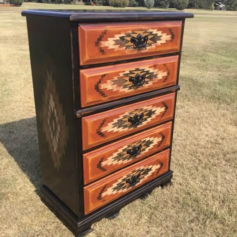 Southwestern Bedroom Furniture, Refinished Western Furniture, Western Dresser Furniture Diy, Painted Western Furniture, Western Dresser Makeover, Western Painted Furniture, Western Dresser Diy, Western Dressers, Western Dresser Furniture