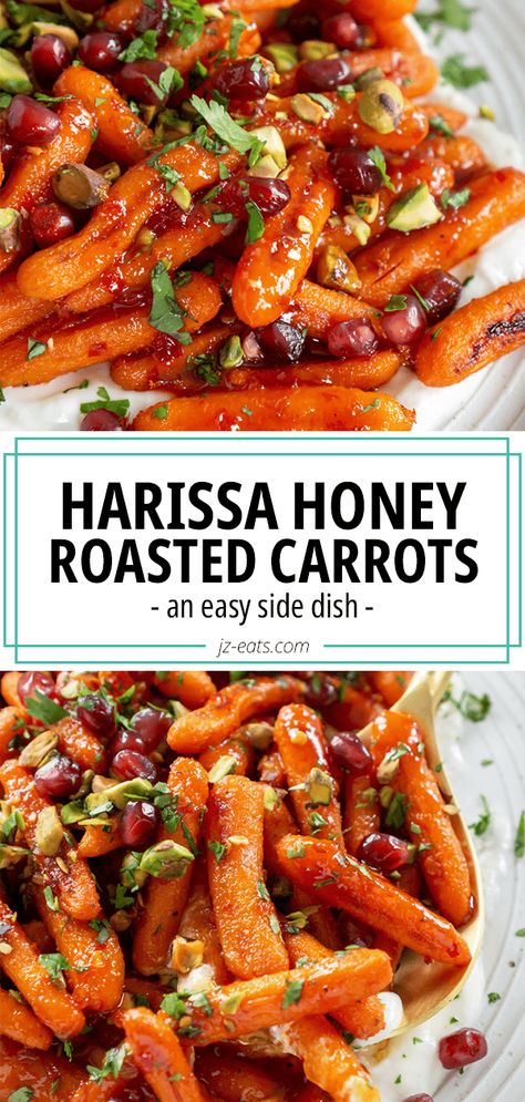 honey roasted carrots on a white plate Roasted Carrots Pomegranate, Honey Harrisa Carrots With Whipped Feta, Harissa Vegetables, Pomegranate Carrots, Carrot Harissa, Roasted Carrots With Feta, Spiced Roasted Carrots, Harissa Carrots, Carrots Recipe Healthy