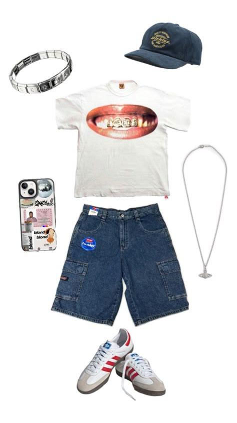 Tags: 2000s style, knee shorts, jorts, denim cap, vivienne westwood, adidas, sambas, phone case, bracelet, tooth shirt, y2k, rapper outfit, clothing inspo Y2k Rapper, Phone Case Bracelet, Rapper Outfit, Street Style Outfits Casual, Knee Shorts, 2000s Streetwear, Adidas Sambas, Rapper Outfits, Denim Cap