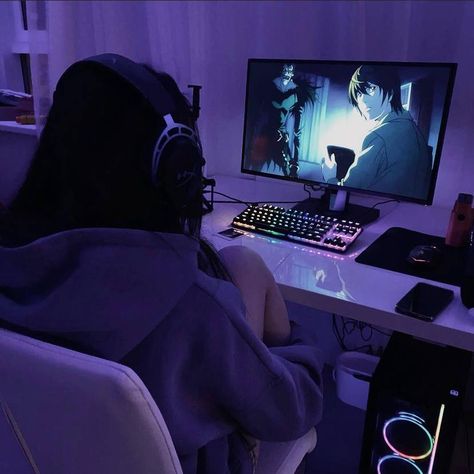 Playing On Phone Aesthetic, Anime Gamer Aesthetic, Gaming Girl Aesthetic, Person Watching Tv, Girl Gamer Aesthetic, Watching Anime Aesthetic, Girl Watching Tv, Gamer Photo, Anime Gamer