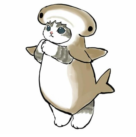 Cat In Shark Costume Drawing, Cats In Costumes Drawing, Cute Cat Costumes, Mofu Sand, Shark Cat, Cat Drawing Tutorial, Shark Costumes, Kitten Drawing, Chibi Cat