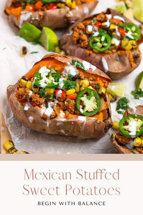 These Mexican inspired stuffed sweet potatoes are a flavorful and easy weeknight meal. The tender sweet potatoes are stuffed with a flavorful meat mixture and then topped with any of your favorite taco toppings. Taco Stuffed Sweet Potato, Mexican Stuffed Sweet Potatoes, Mexican Sweet Potato, Potato Calories, Mexican Sweet Potatoes, Taco Toppings, Paleo Chili, Stuffed Sweet Potatoes, High Protein Low Carb