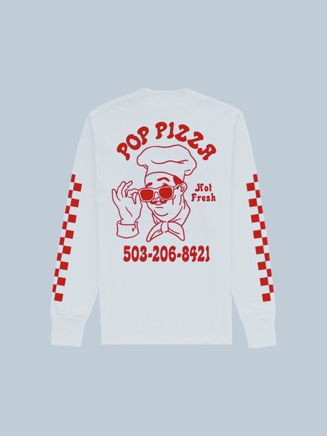 PIZZA CHEF LONG SLEEVE T-SHIRT | Pop Pizza Pizza T Shirt Design, Retro Pizza Logo, Pizza Restaurant Ideas, Pizza Cartoon Illustrations, Pizza Branding Design, Pizza Shirt Design, Pizza T Shirt, Vintage Pizza, Pizzeria Design