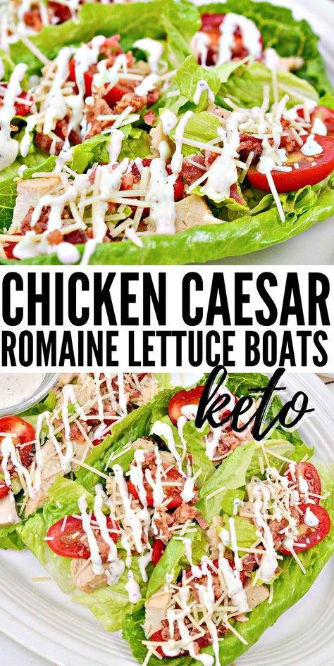 Keto Chicken Caesar Romaine Lettuce Boats - Eating lunch (or dinner) on the keto diet can be fun! Chicken Caesar romaine lettuce boats are a filling but light meal that fuels your body #keto #ketorecipes #Ketodiet #ketokettucewraps #Ketochickencaesarlettuceboats #lettuceboats #summerrecipes #salad #lunch #dinnerideas #food #recipes Canned Chicken Lettuce Wraps, Things To Make With Romaine Lettuce, Lettuce Wrap Dinner Recipes, Caesar Salad Boats, Romaine Lettuce Boats Recipe, Lettuce Cups Recipe, Caesar Chicken Lettuce Wraps, Chicken Caesar Lettuce Boats, Chicken Romaine Wraps