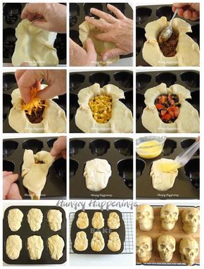 Watch the video tutorial to see how to make a batch of these creepy Burrito Skulls for Halloween or the Day of the Dead at HungryHappenings.com. #burritos #skull #halloweenrecipes #dayofthedead What To Make In Skull Pan, Halloween Skull Recipes, Skull Desserts Halloween, Halloween Themed Hors D’oeuvres, Recipes For Skull Pan, Stuffed Skull Recipes, Halloween Skull Pan Recipes, Day Of The Dead Party Food, Day Of The Dead Treats