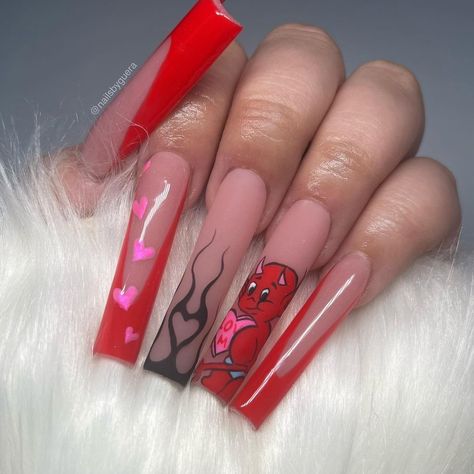 ᴋᴀʏʟᴀ on Instagram: “Happy Saturday! Here’s a set with Hot Stuff little devil ❤️‍🔥 @valentinobeautypure bad n boujee @nails_and_blinks XL tapered square tips…” Trendy Nails Designs, Boujee Nails, Character Nails, Nail Designs Acrylic, Ideas Para Uñas, Ideas Uñas, Tapered Square, Edgy Nails, Simple Acrylic