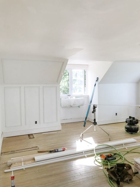 Attic Bedroom Ideas Angled Ceilings Cape Cod, Dormer Accent Wall, What To Do With Angled Ceilings, Angled Upstairs Bedroom, Bonus Room Slanted Walls, Molding On Angled Walls, Slanted Ceiling Paneling, Bed On Slanted Wall, Cape Cod Sloped Ceiling Bedroom