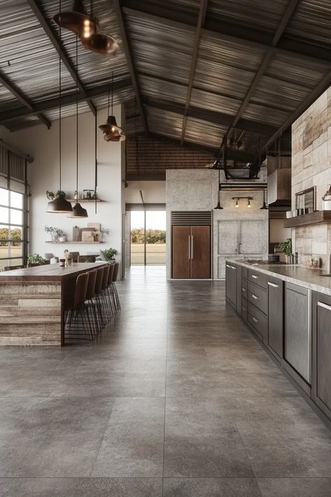 40 Barndominium Kitchens That Redefine Rustic Luxury | VIVA Corrugated Metal House, Ranch House Kitchen, Barndominium Kitchen, Affordable Barndominium, Rustic Hardwood Floors, Metal Countertops, Floor Plan Kitchen, Barn Style Shed, Olive Farm