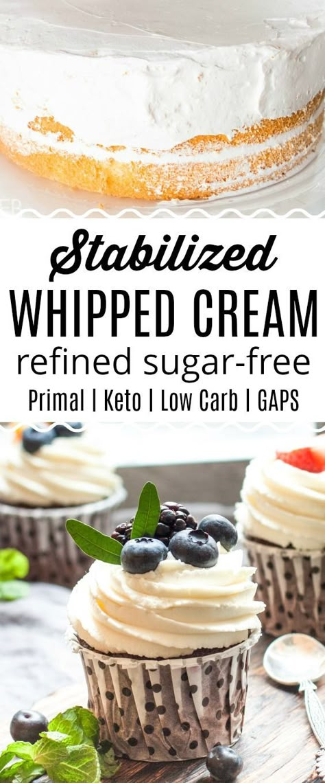 Stabilized Whipped Cream is refined sugar-free and perfect for Primal, Keto, Low Carb and GAPS recipes. Use it for frosting or wilt-free toppings or layers. || Eat Beautiful | #stabilized #whippedcream #keto #lowcarb #paleo #primal #gapsdiet #frosting #honey #stevia Sugar Free Whipped Cream Frosting, Low Calorie Whipped Cream, Keto Whipped Cream Recipe, Keto Frosting Recipe, Protein Whipped Cream, Paleo Whipped Cream, Healthy Whipped Cream, Keto Frosting, Stevia Sugar