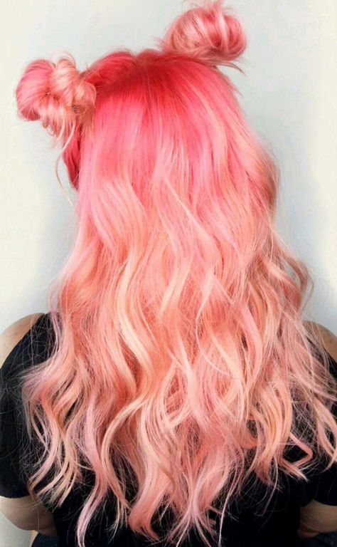 Peach pink hair color inspo with space buns for medium length hair in soft curls | Dark pink roots to pale pink ombre Long Pink Hair, Hair Orange, Dyed Hair Pastel, Peach Hair, Dyed Blonde Hair, Pretty Hair Color, Hair Color Pink, Hair Color Highlights, Platinum Blonde Hair