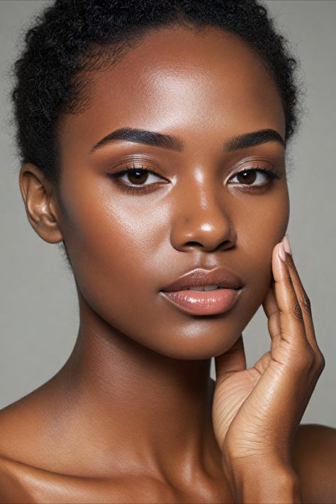 Summer Skincare makeup Dewy Natural Makeup Look, Natural Makeup For Black Women Dark Skin, Dark Skin Makeup Natural, Natural Black Makeup, Dark Skin Natural Makeup, Makeup For Summer, Neutral Skin, Dark Skin Models, Moisturizer For Face