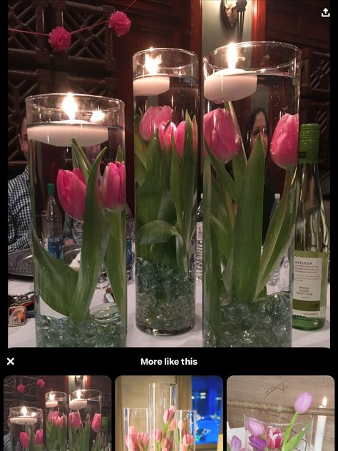 Summer Centerpiece Ideas, Tulip Centerpiece, Floating Candle Centerpieces, Tulips Arrangement, 2x4 Projects, Idee Babyshower, Summer Centerpieces, Diy Cushions, Candle Wedding Centerpieces