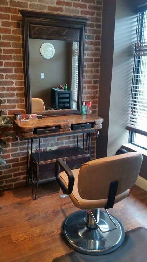 Rustic Vanity TABLE Salon station Repurposed by WeHaveAGreatNotion Hair Salon Stations, Wood Desk Top, Small Salon, Barber Shop Interior, Home Hair Salons, Hair Salon Design, Reclaimed Wood Desk, Rustic Vanity, Salon Stations