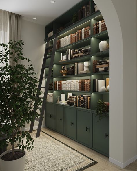 Library Aesthetic Green, Green Office Bookshelves, Colorful Library Aesthetic, Olive Green Bookshelf, Closet Library Ideas, Library Wall Design, Diy Corner Bookshelf, Dark Green Bookshelf, Green Home Library