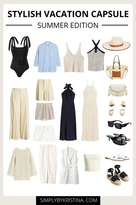 A Minimalistic and Stylish Summer Vacation Capsule Wardrobe  - SimplyByKristina Tropical Wardrobe Capsule, Minimalistic Vacation Outfits, Minimal Packing Travel Summer, Minimalist Beach Vacation Outfits, Elegant Minimalist Outfit Summer, Beach Capsule Wardrobe One Suitcase, Resort Wear Capsule Wardrobe, Vacation Outfits Minimalist, Beach Minimalist Outfit