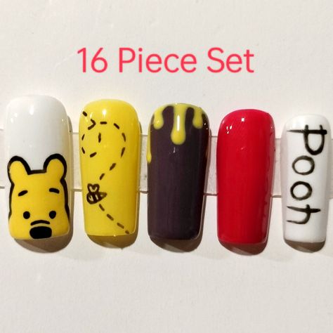 All Of My Sets Are Handmade With Love. This Set Comes In The Size Medium (If You Want These Nails But Are Not In Your Size, Give Me A Message) *Things It Comes With: - 16 Handmade Gel Nails - Mini File - Nail Glue - Alcohol Pads - Cuticle Pusher - A Freebie! Winnie The Pooh Nail Designs Simple, Winnie The Pooh Nails, Pooh Nails, Impress Manicure, Alcohol Pads, Gel Press On Nails, Impress Nails, Handmade Makeup, Bears Nails