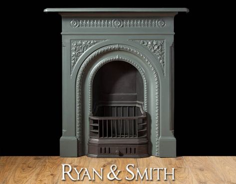 Antique Victorian Cast Iron Fireplace With fine decorative castings and arched opening. Restored and painted using “down-pipe”, a colour from the Farrow and Ball paint range.  Circa 1870 Antique Cast Iron Fireplace, Fireplace Restoration, Edwardian Fireplace, Faux Fireplace Mantels, Iron Stone, Wood Stove Fireplace, Fireplace Cover, Room Fireplace, Paint Fireplace