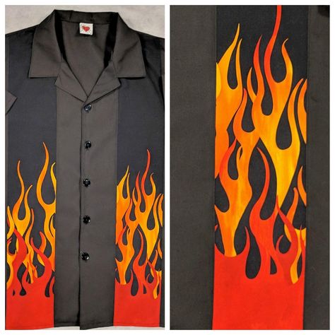 Excited to share the latest addition to my #etsy shop: Rockabilly, Bowling Shirt, Flames, Fire, Rock and Roll, Classic, Small to 2xl http://etsy.me/2D2qzwY #clothing #men #shirt #black #red #rockabilly #bowlingshirt #flames #fire Flame Shirt Outfit, Mens Rockabilly Shirts, Flame Button Up Shirt, Flame Shirt, Fire Pattern, Bowling Outfit, Retro Bowling Shirts, Vintage Bowling Shirts, Vintage Shirt Design