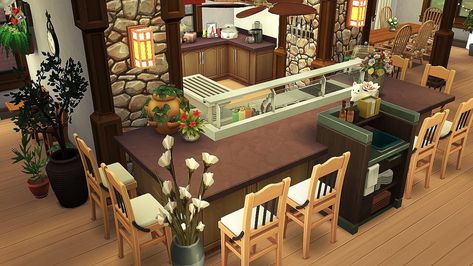 Sims 4 Restaurant Kitchen, Sims 4 Restaurant Interior, Sims 4 Italian Restaurant, Sims Restaurant Ideas, Sims 4 Bistro, The Sims 4 Restaurant Ideas, Sims 4 Restaurant Ideas, Sims 4 Restaurant No Cc, Sims4 Restaurant