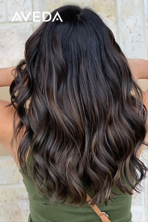 Dark Roast Hair, Aveda Dark Brown Hair Color, Dark Brown Hair Color With Low Lights, Winter Haircuts 2022 Medium, Dark Brunette Balayage Hair Medium Length, Soft Dimensional Balayage, Medium Length Brown Hair With Lowlights, Short Dark Brown Hair With Low Lights, Lowlights For Brunettes Dark