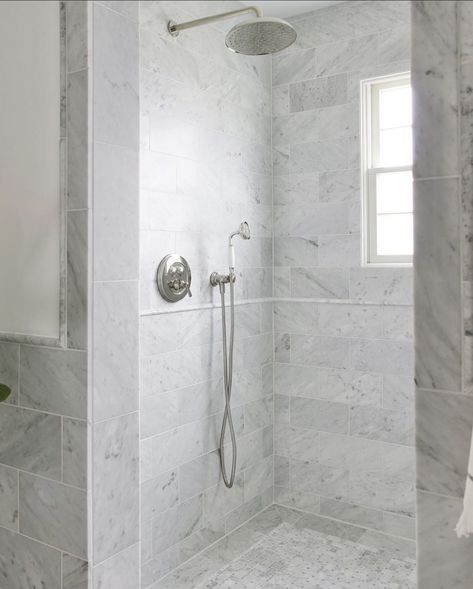 Grey Marble Look Tile Bathroom, Polish Porcelain Tile Bathroom, White And Grey Marble Tiles Bathroom, Marble Shower With Chair Rail, Marble Tile Wainscoting Bathroom, Siberian Pearl Brushed Marble Bathroom, Honed Carrara Marble Bathroom, Marble Chair Rail Bathroom, Timeless Marble Bathroom