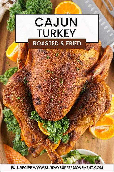 This glorious roasted-and-fried Cajun Turkey Recipe is like no turkey you've ever had before! If you like Popeyes Cajun Turkey, try this! via @thesundaysupper Turkey Deep Fryer Recipes, Cajun Injection For Turkey, Popeyes Turkey Recipe, Cajun Baked Turkey, Oilless Turkey Fryer Recipes, Cajun Compound Butter For Turkey, Cajun Turkey Rub Recipe, Fried Turkey Recipes Thanksgiving, Creole Turkey Recipe