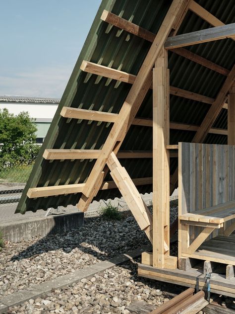 isla architects builds temporary pavilion in basel from reclaimed materials Timber Joints, Industrial District, Timber Architecture, Studio Build, Timber Roof, Temporary Structures, Timber Buildings, Basel Switzerland, Backyard Sheds