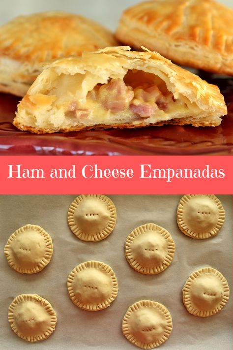 These flaky empanadas are filled with ham and cheese, a classic combination. Easy to make in advance, these hand-held pies are great for parties or on the go! #empanadas #ham #cheese #appetizers #entertaining #snacks Egg And Cheese Empanadas, Empanadas Recipe Ham And Cheese, Ham And Cheese Empanadas Recipes, Ham Hand Pies Recipes, Ham And Cheese Appetizers For Party, Ham And Cheese Turnovers, Hand Held Lunches, Hand Held Meat Pies, Hand Held Food Ideas