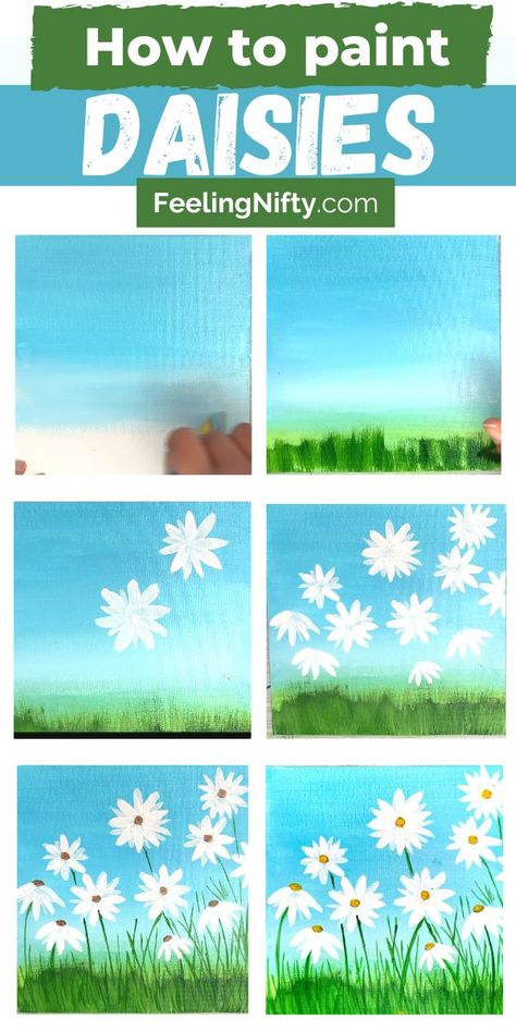 Easy Acrylic Daisy Painting, Diy Daisy Painting Easy, Easy Painting How To, Spring Art Class Ideas, Daisy Flower Acrylic Painting, How To Paint Spring, Wildflower Painting Easy Tutorial, Summer Flower Paintings Easy, Flower Print Painting