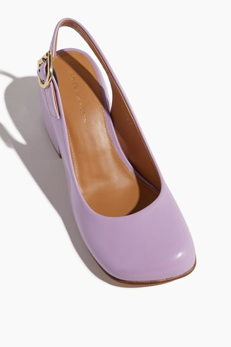 The Dries Van Noten Sling Back Pump in Lilac will add a whimsical touch to your wardrobe. These slingbacks feature a round toe with a chunky block heel in lilac hued patent leather. Slingback heels Round toe Block heel 2.5" inch heel Leather upper Lilac Heels, Mustard Bag, Lilac Shoes, Feminine Shoes, Shoe Gallery, Stunning Shoes, Slingback Heels, Chunky Block Heels, Wedding Heels