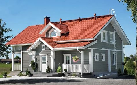 Orange Roof House Colors, Red Roof House Colors, Terracotta Roof House, Red Roof House, Metal Roof Houses, Scandinavian Houses, Terracotta Roof, Gray House, Exterior House Paint Color Combinations