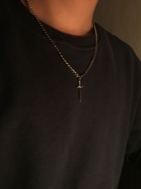 Mens Necklace Aesthetic, Cross Necklace Aesthetic Men, Guy Necklaces, Aesthetic Knife, Cross Neckless, Knife Necklace, Female Gaze, Boys Necklace, Boys Jewelry